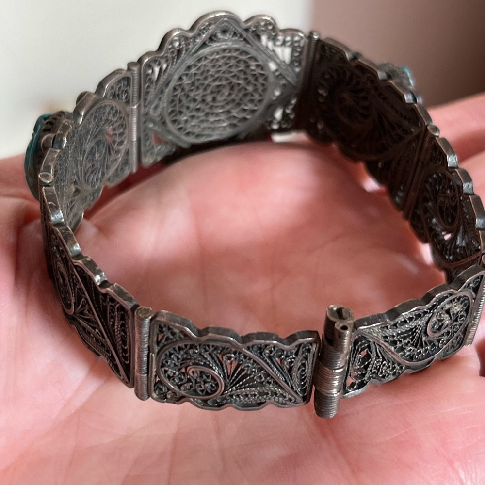 Antique Art Deco Sterling Silver Egyptian turquoise Scarab Beetle wide Bracelet - Picture 5 of 17